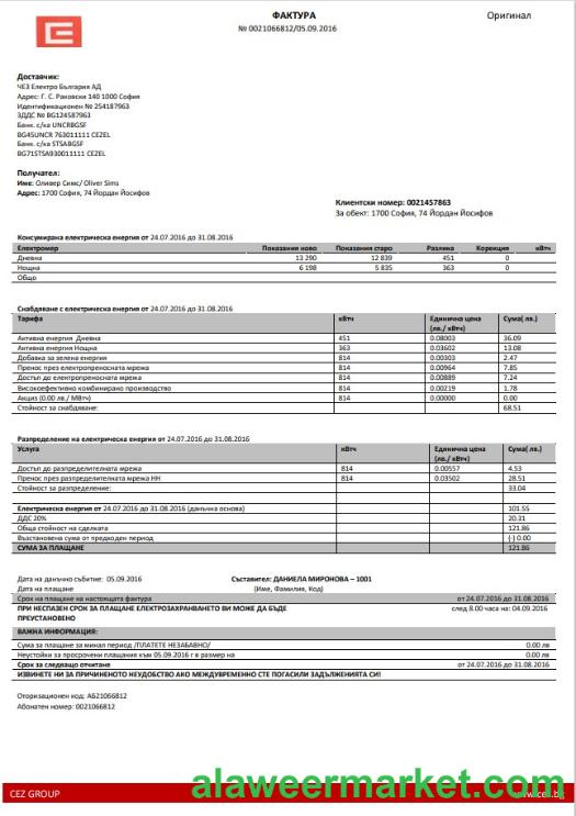 Bulgary electricity utility bill template in Word and PDF